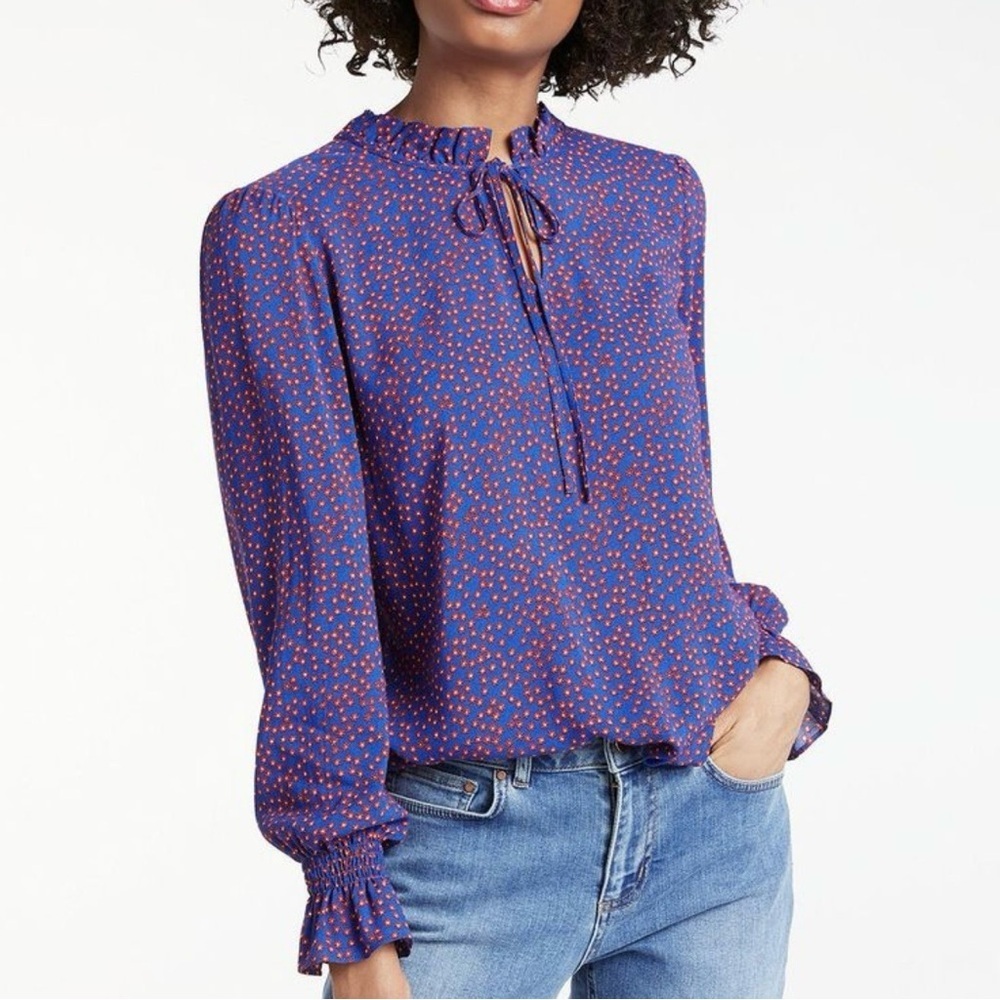 Boden Mellissa Ruffle Neck Blouse Riviera Blue Star